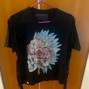 Philipp Plein Couture Skull Crystal Fringe Tee Black Size S